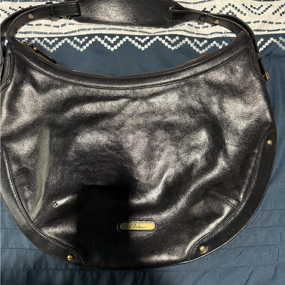 Cole Haan Shiny Black Leather Hobo Bag